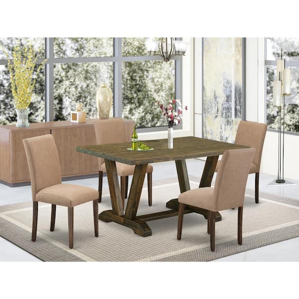 East West Furniture 5-Piece Rectangle Distressed Jacobean Finish Solid Wood Top Dining Table with 4-Upholstered Chairs with Lattice Back