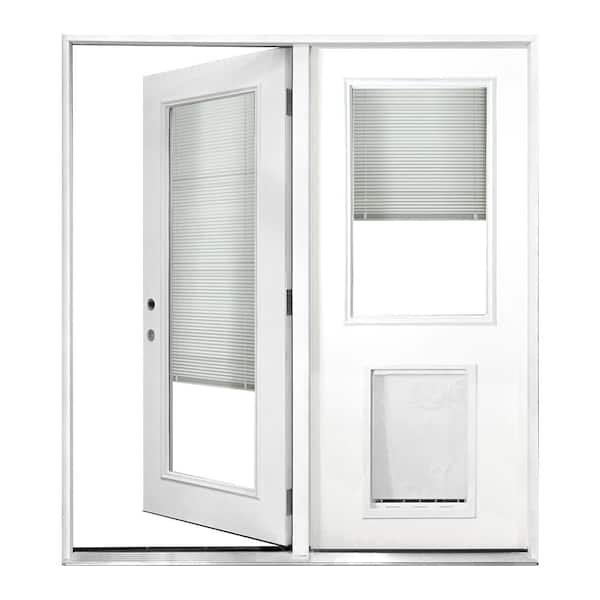 Steves & Sons 60 in. x 80 in. Reliant Series Clear Miniblind White Prime Prehung RHIS Fiberglass CenterHinge Patio Door w/ SL Pet Door