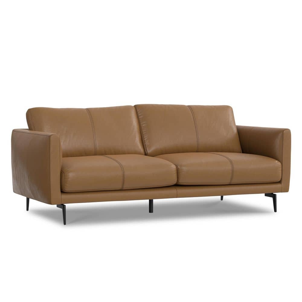 Simpli Home Stevens 81 in. Straight Arm Genuine Leather Wide