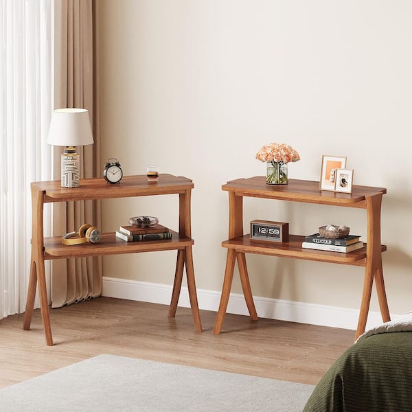 BYBLIGHT Kerlin 25.2 in. Brown Rectangle Engineered Wood End Table with Storage Shelf Set of-2