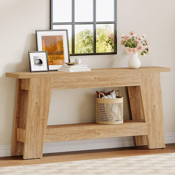 Benjamin 70.9 in. Brown Rectangle Wood Behind Sofa Entryway Couch Wall Accent Console Table Home Office 2-Tier Shelves