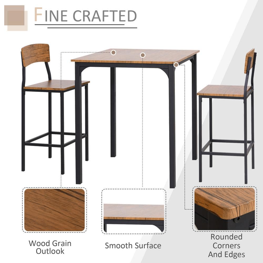 Rustic Brown MDF and Steel Pub Table Set with 2 Chairs
