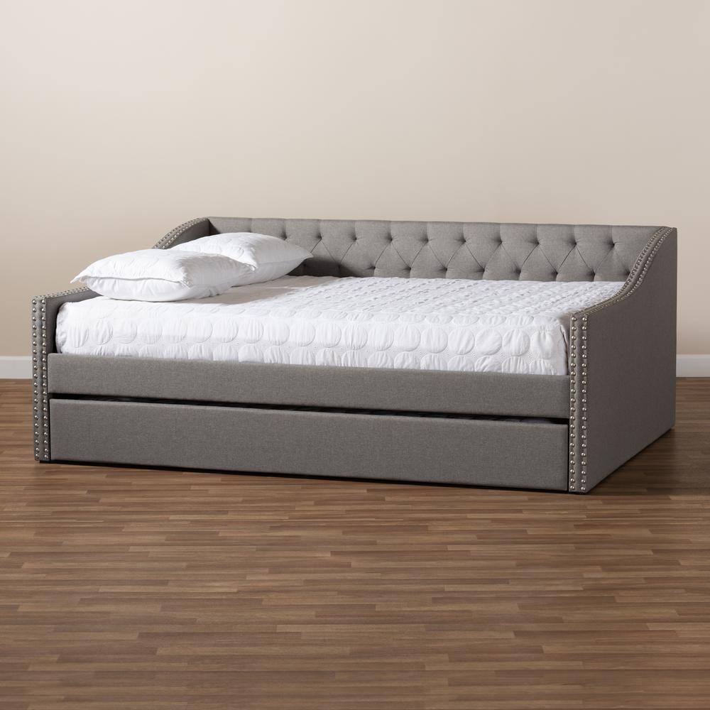 Light Gray Upholstered Full Daybed with Trundle and Nailhead Trim
