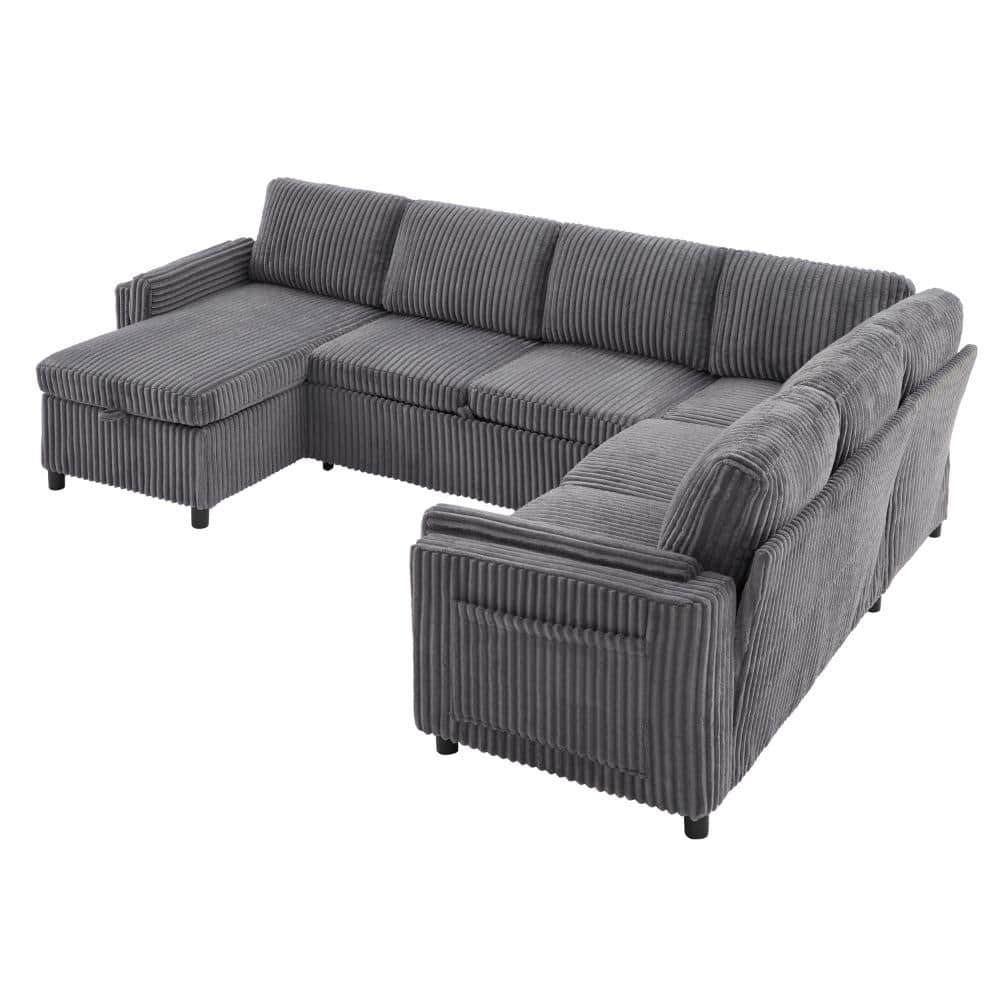 111 in. W Pillow Top Arm Corduroy U-shaped Convertible Sofa in Gray with USB Ports and Storage price history on PriceWatchPro