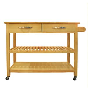 45.00 in. Brown Wood Kitchen Cart with 2 Lockable Wheels, Rubber Wood Top and 2-Drawers