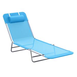 Metal Foldable Outdoor Chaise Lounge, Sun Tanning Chairs with Pillow, Back, Steel Frame And Breathable Mesh-Blue