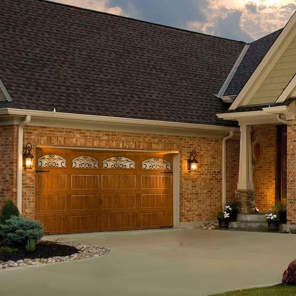 Gallery Steel Long Panel 16 ft x 7 ft Insulated 18.4 R-Value Wood Look Medium Garage Door with Decorative Windows