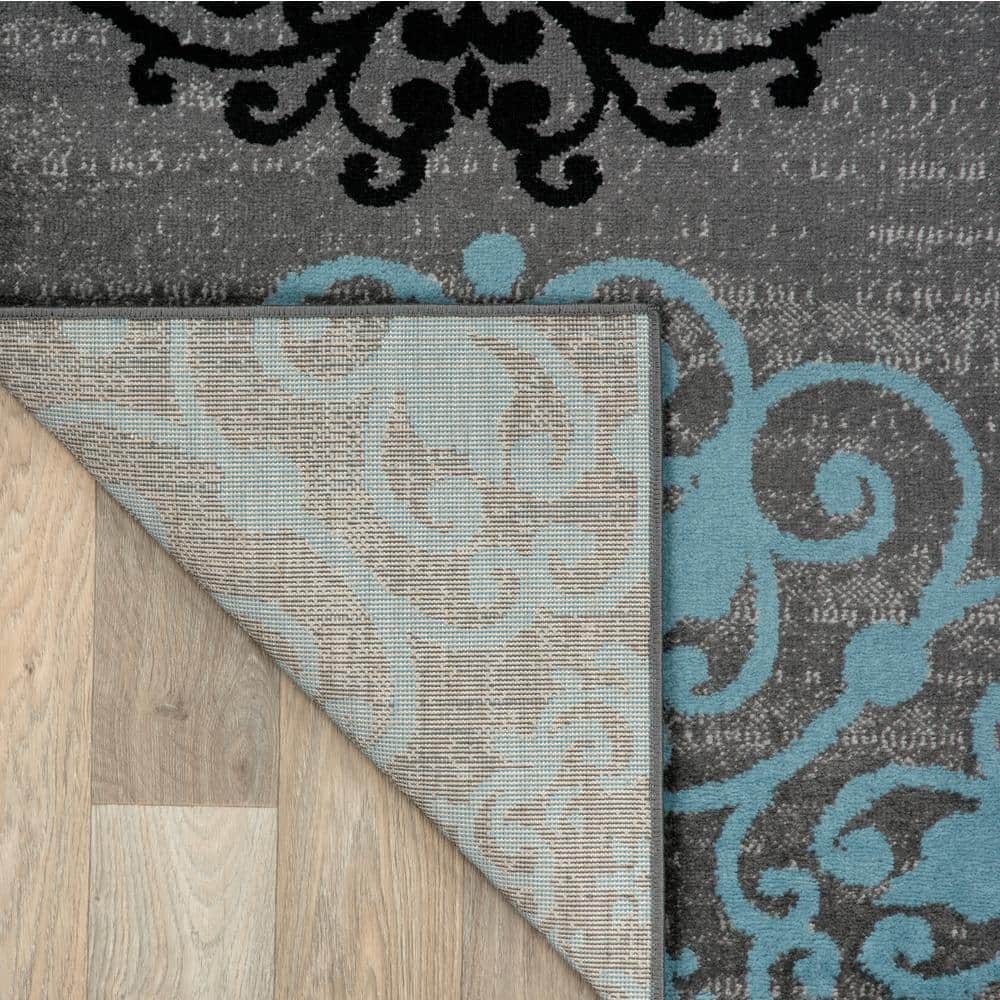 Gray and Blue Floral Synthetic Area Rug