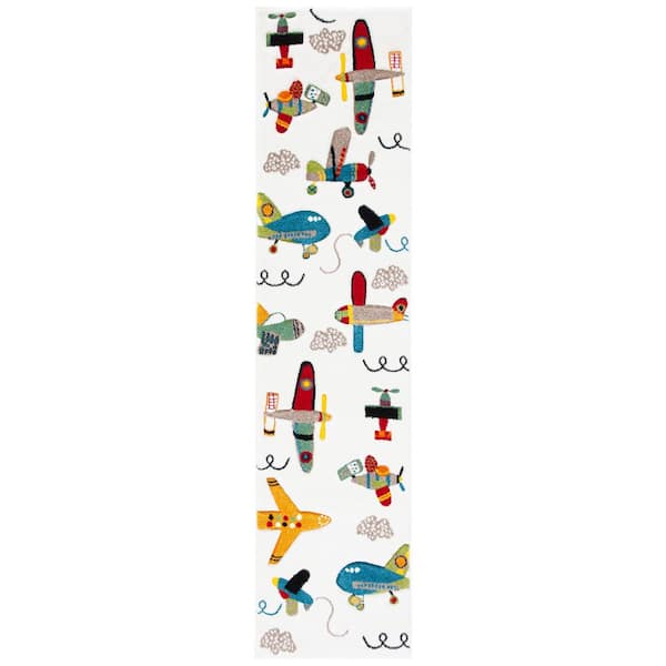 Carousel Kids 2 ft. x 10 ft. Ivory/Blue Geometric Runner Rug