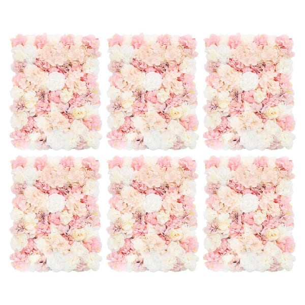 6-Piece 23.62 in. x 15.74 in. White and Pink Artificial Rose Flower Wall Panel for Wedding Decor