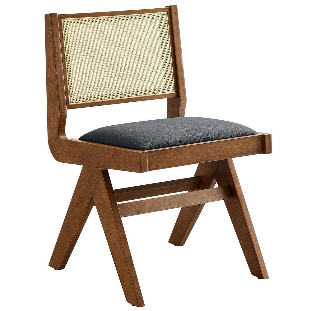 Walnut Black Low Rattan Cane Side Chair with Faux Leather Seat