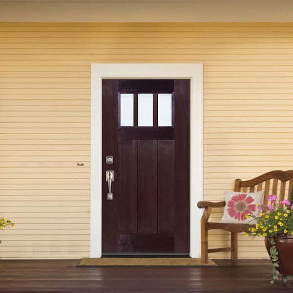 36 in. x 80 in. Dark Walnut Right-Hand Inswing 3 Lite Low E Clear Glass Craftsman Stained Fiberglass Prehung Front Door