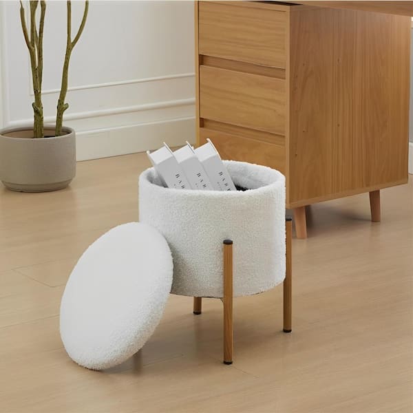 CSC DECOR INC White Upholstered Round Storage Ottoman, Ottoman Footstool, Ottoman Foot Stools with Metal Base and Removable Lid