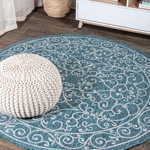 Charleston Vintage Filigree Textured Weave Teal/Gray 5 ft. Round Indoor/Outdoor Area Rug