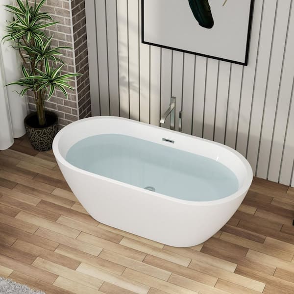 59 in. x 29.5 in. Soaking Bathtub with Center Drain in Gloss White with Chrome Overflow and Pop-Up Drain