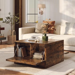 31.5 in. Rustic Brown Square Wood Coffee Table with LED Light and 4-Storage Cabinets