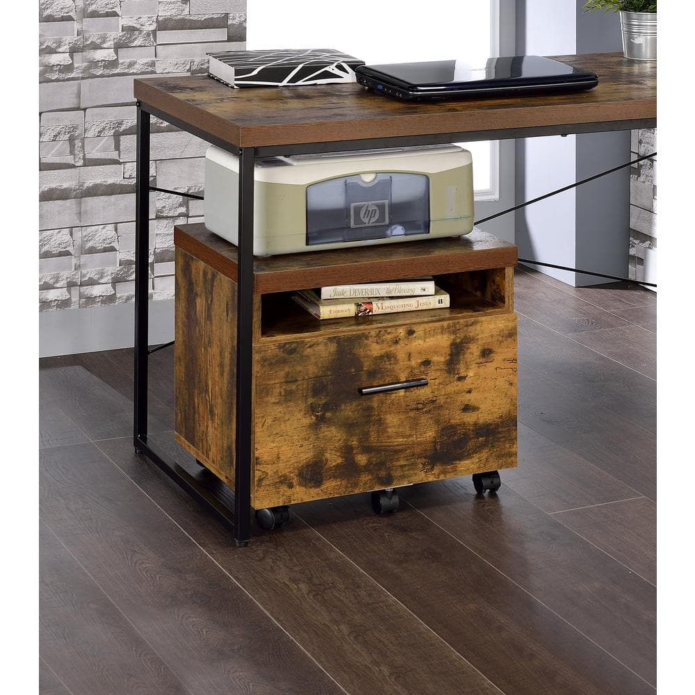 Weathered Oak Mobile File Cabinet with Drawer and Open Storage