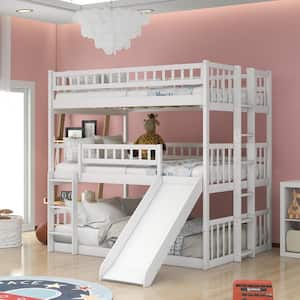 Convertible Full-Over-Full-Over-Full Triple Bed with Built-in Ladder and Slide, Triple Bunk Bed with Guardrails, White