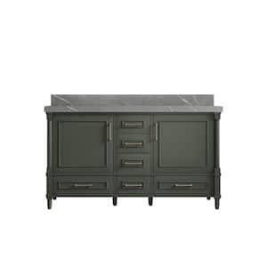 Hudson 60 in. W x 22 in. D x 36 in. H Double Sink Bath Vanity in Pewter Green with 2 in. Piatra Gray Quartz Top