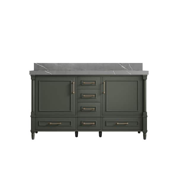 Willow Collections Hudson 60 in. W x 22 in. D x 36 in. H Double Sink Bath Vanity in Pewter Green with 2 in. Piatra Gray Quartz Top