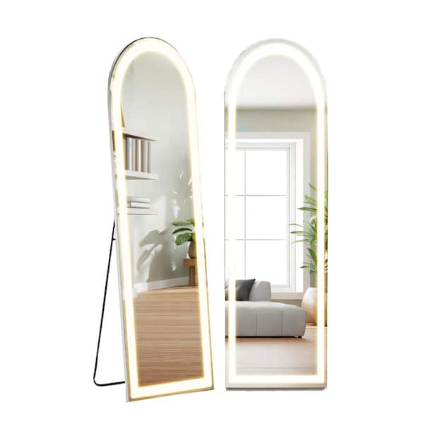 Afoxsos Black 16 in. x 60 in. Arched 3-Color Lighting Full Length Mirror, Standing Mirror with LED and Stand