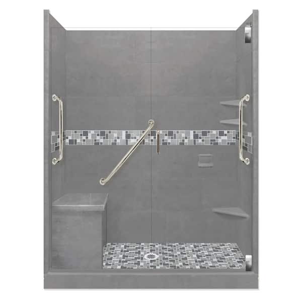 American Bath Factory Newport Freedom Grand Hinged 30 in. x 60 in. x 80 in. Center Drain Alcove Shower Kit in Wet Cement and Satin Nickel