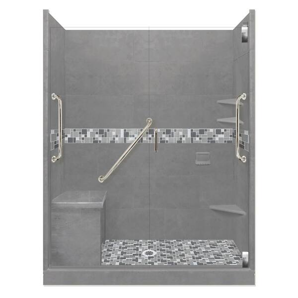 American Bath Factory Newport Freedom Grand Hinged 32 in. x 60 in. x 80 in. Center Drain Alcove Shower Kit in Wet Cement and Satin Nickel