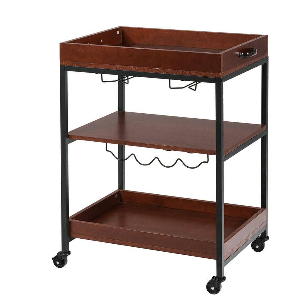 24 in. W Brown Wood Kitchen Cart with Glasses Holder and Wine Bottle Rack