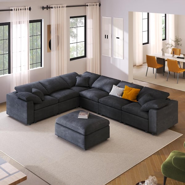 Oversized 124.8 in. Square Arm Chenille Modular Sectional Sofa in Gray with Movable Ottoman