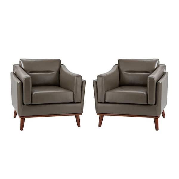 JAYDEN CREATION Ignace Mid-Century Leather Upholstered Sofa Grey Arm Chair with Solid Wood Legs (Set of 2)