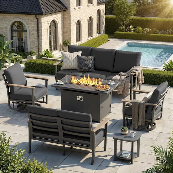 6-Piece Aluminum Patio Conversation Set with Fire Table, 3-Seat Sofa, Loveseat, 2 Swivel Rockers, End Table, Dark Gray