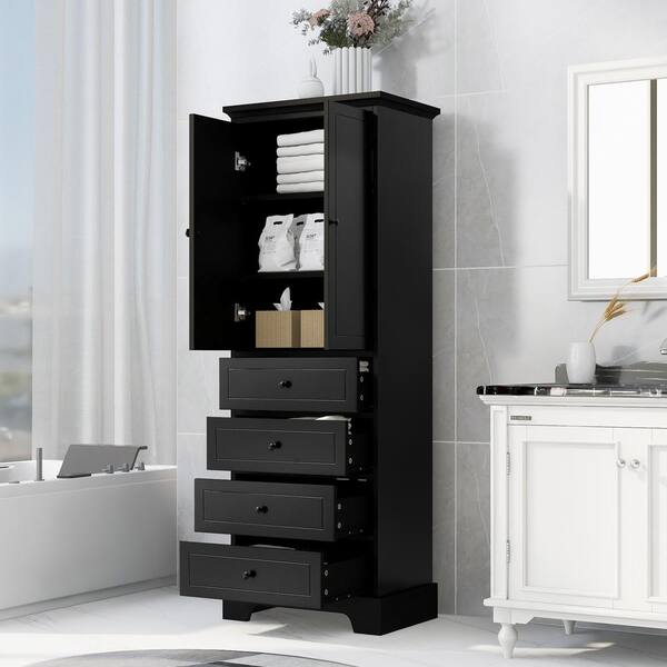 J&E Home Black Storage Cabinet with 2-Doors and 4-Drawers for Bathroom, Office, Living Room