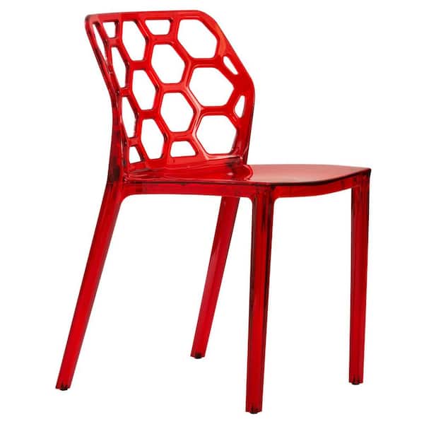 Leisuremod Dynamic Plastic Modern Honey Comb Design Kitchen and Dining Side Chair Transparent Red