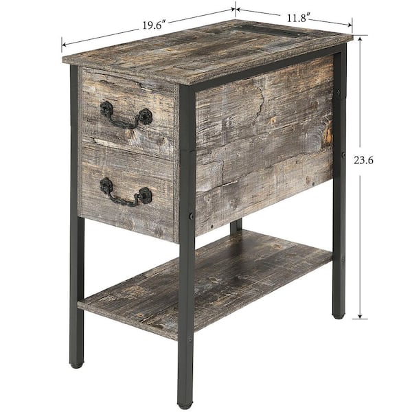 End Table, Narrow Chairside Table with 2 Drawers and Open Shelf, Nightstand with Charging Station USB Ports，Gray-USB