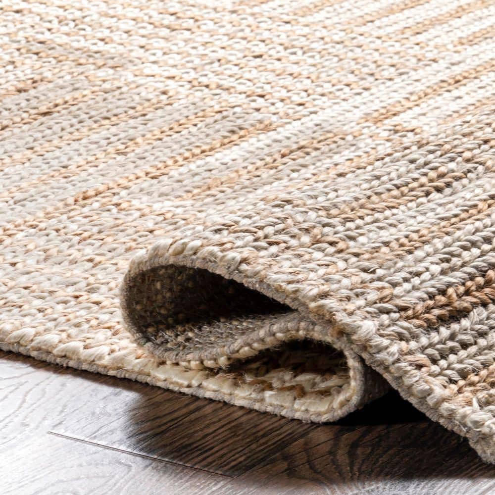 Ivory and Beige Braided Cotton Rectangular Area Rug, 5' x 8'