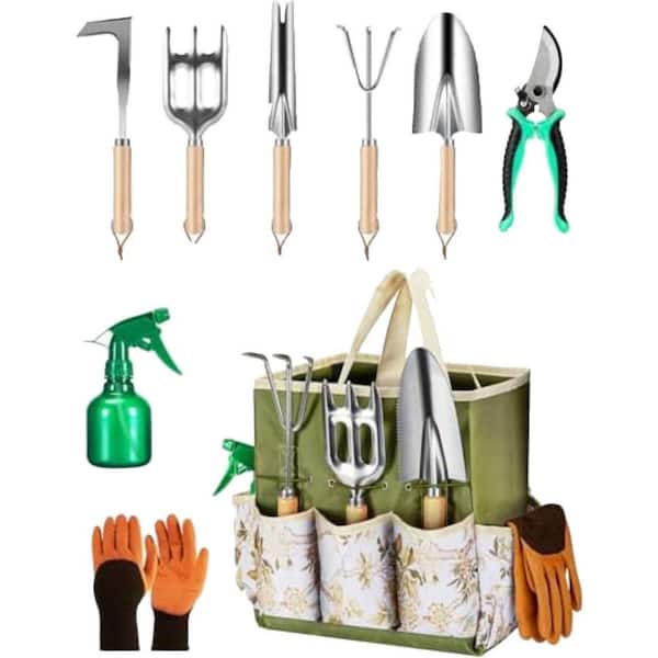 Misopily 9-Piece Garden Tool Set Heavy Duty Stainless Steel Rust-Proof Tools Ergonomic Wooden Handles Tote Bag for Women Gifts