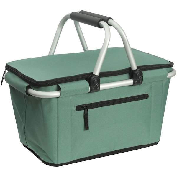 Collapsible Shopping Basket with Lid, Folding Grocery Basket for Picnic, Travel, Green