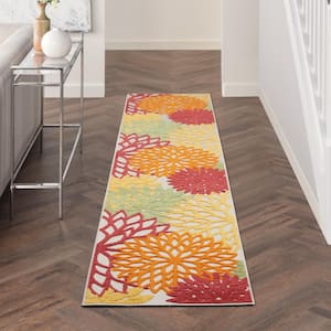 Aloha Red Multi Colored 2 ft. x 10 ft. Kitchen Runner Floral Contemporary Indoor/Outdoor Patio Area Rug