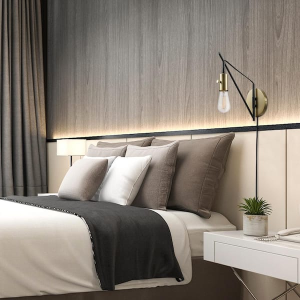 Exeter 12.88 in. 1-Light Bronze with Brass Accents Wall Sconce Light with Plug In or Hardwire for Indoor Use