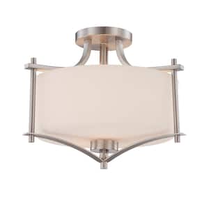 Colton 15 in. W x 12 in. H 2-Light Satin Nickel Semi-Flush Mount Ceiling Light with White Opal Glass Shade