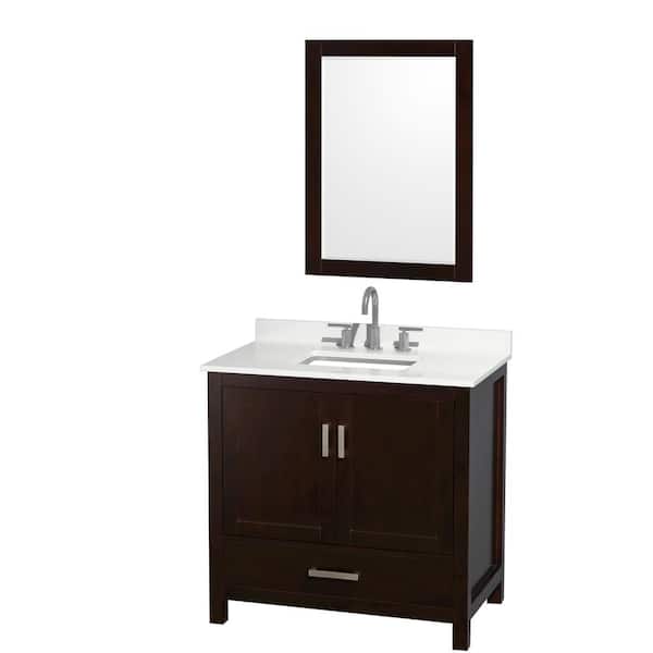 Wyndham Collection Sheffield 36 in. W x 22 in. D x 35 in. H Single Bath Vanity in Espresso with White Quartz Top and 24 in. Mirror