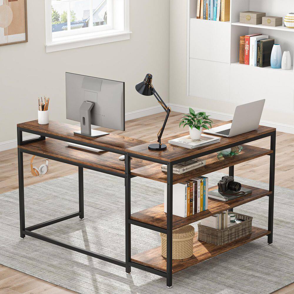 Tribesigns Reversible L Shaped Computer Desk with Monitor Stand, 69 Inch  Large Corner Desk with Storage Shelf, Industrial Computer Table Writing  Desk
