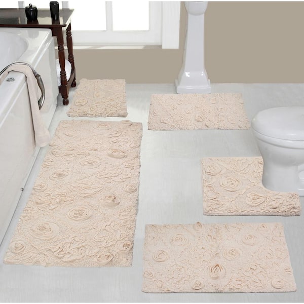 HOME WEAVERS INC Modesto Bath Rug 100% Cotton Bath Rugs Set, 5-Pcs Set with Contour, Ivory