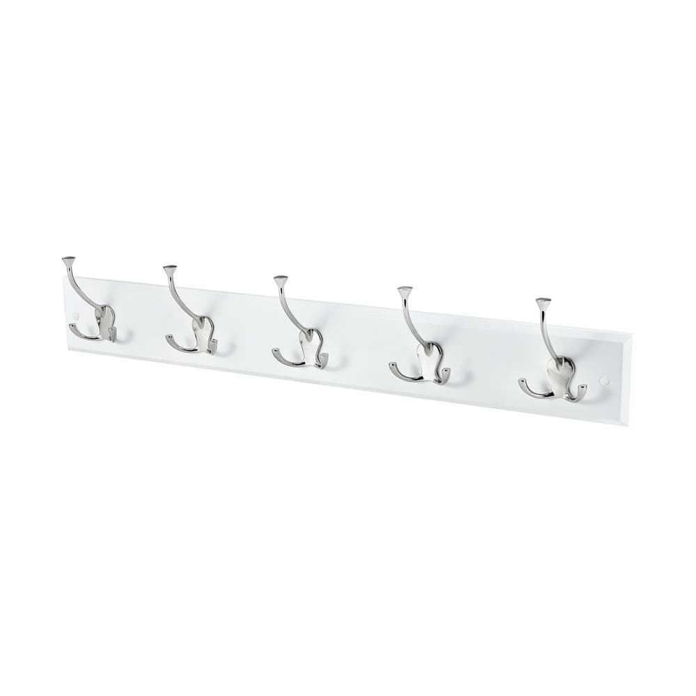 White Wall Mounted Coat Rack with 5 Silver Metal Hooks