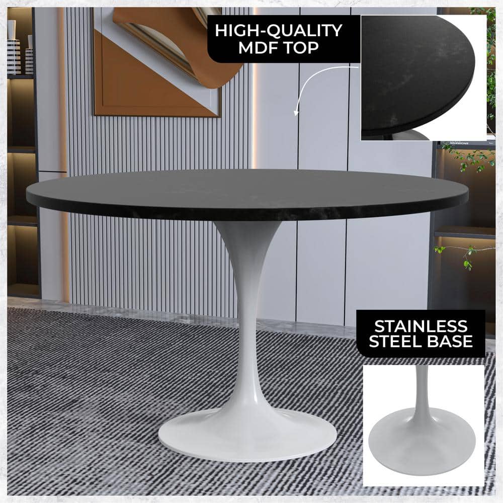 Verve Black Round MDF Dining Table with White Steel Pedestal Base