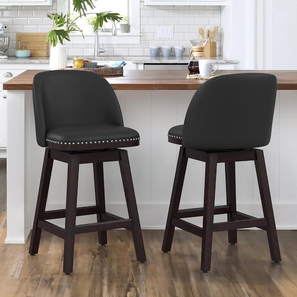 26 in. Black Wood Frame Swivel Cushioned Bar Stool with Faux Leather, Swivel Counter Stool