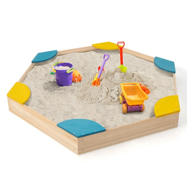 Costway Outdoor Wooden Sandbox with Seats Backyard Bottomless Sandpit for Kids Aged 3 Plus