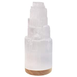 Selenite Crystal Lamp 25cm, Hand Crafted Moroccan Tower Night Light for Anxiety Relief, with Wooden Base & USB Cable