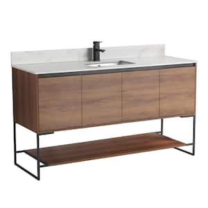 60 in. W x 20.5 in. D x 33.5 in. H Bath Vanity in Walnut with White Sintered Stone Vanity Top with White Basin