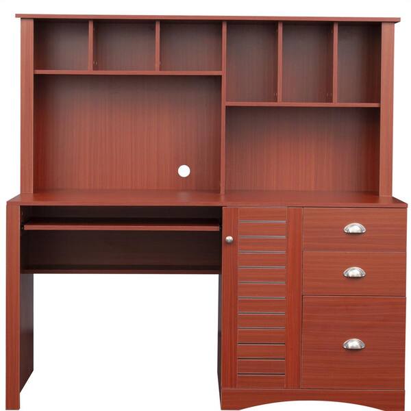 ANBAZAR Home Office Hutch 59 in. Teak Computer PC Laptop Study Table 3- Drawer Writing Desk with Open Storage Shelves WKX88-TK - The Home Depot